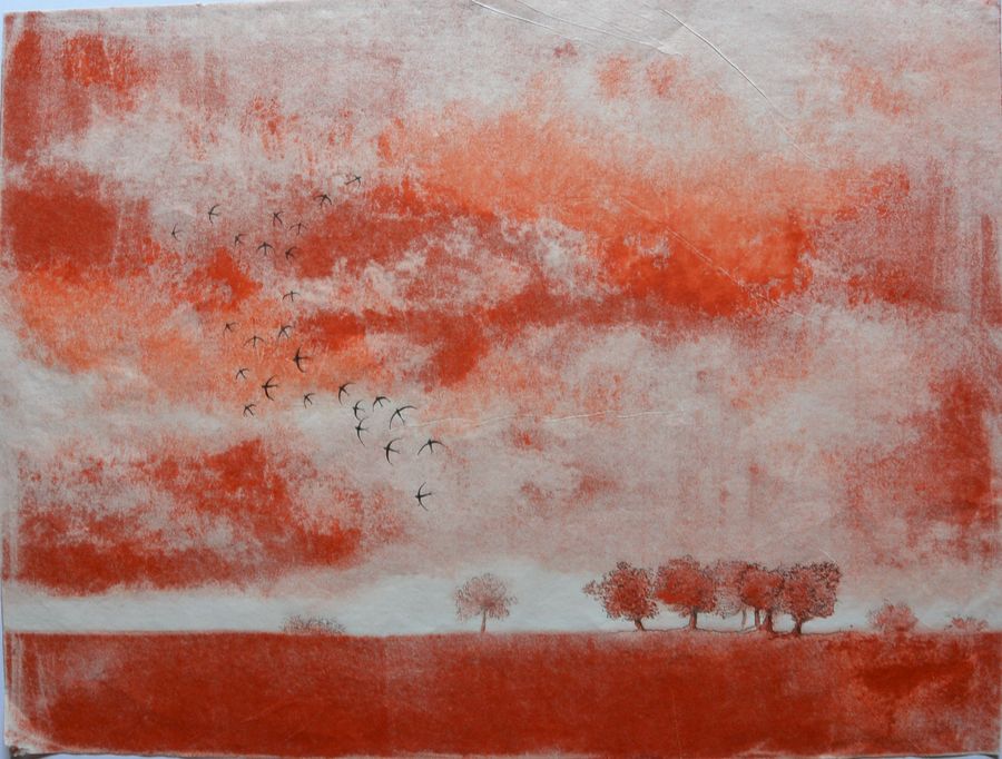 5 Arbres et végétaux, Clair-obscur aux oiseaux, encre sur monotype, 2022